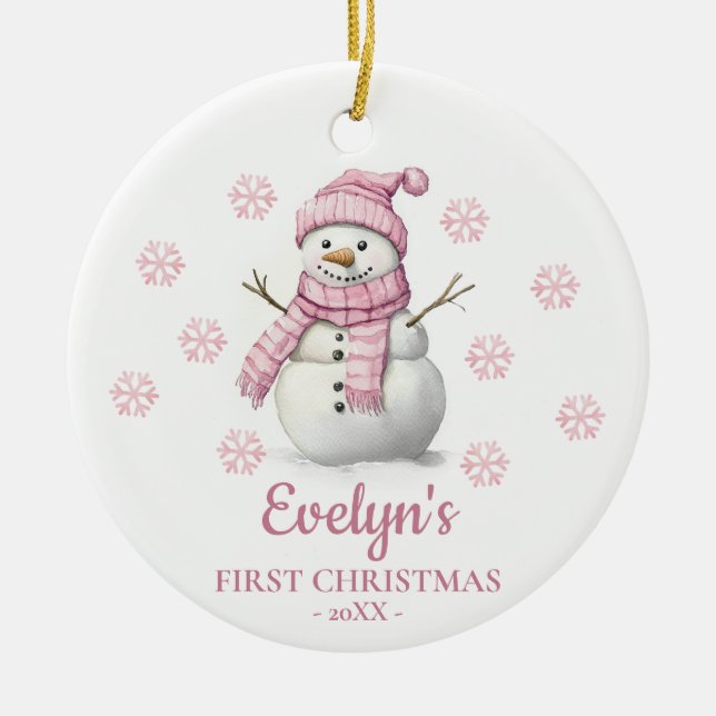 Snowman Personalized Girl's First Christmas Julgransprydnad Keramik (Framsidan)