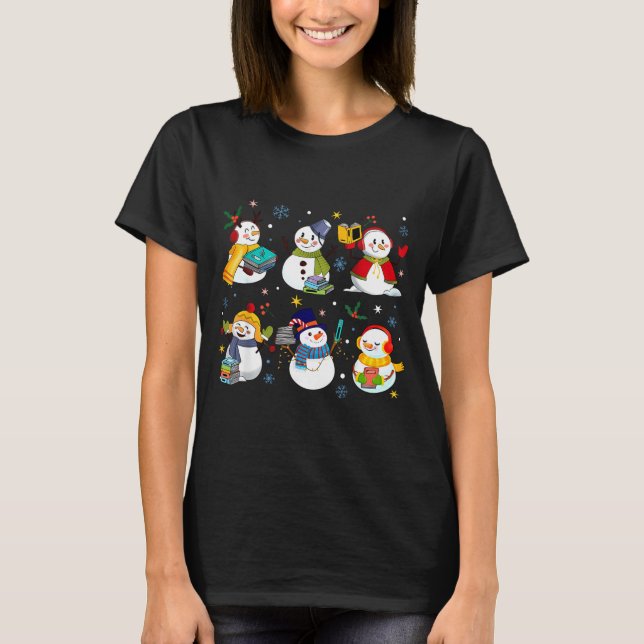 Snowman Reading Books Teacher Christmas Librarian  T Shirt (Framsida)