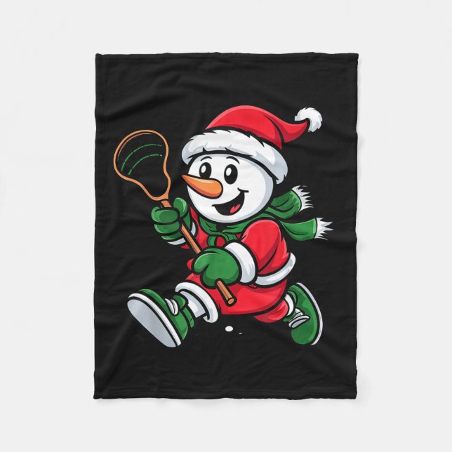 Snowman Santa Hat Playing Lacrosse Christmas Playe Fleecefilt (Framsidan)