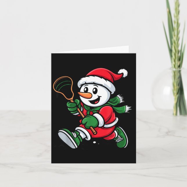 Snowman Santa Hat Playing Lacrosse Christmas Playe Kort (Framsida)