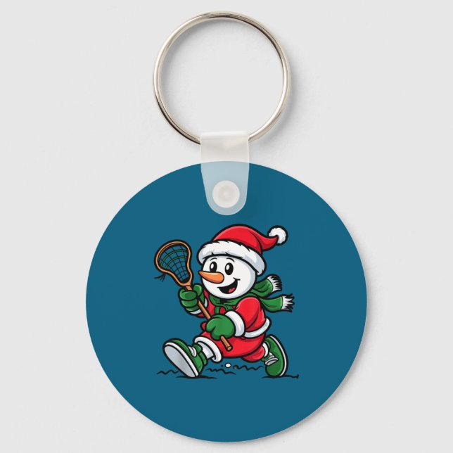 Snowman Santa Hat Playing Lacrosse Christmas Playe Nyckelring (Framsida)