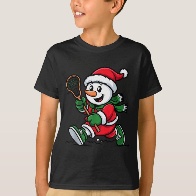 Snowman Santa Hat Playing Lacrosse Christmas Playe T Shirt (Framsida)