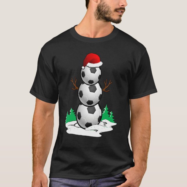 Snowman Soccer Ball Santa Hat Christmas Pajama Xma T Shirt (Framsida)