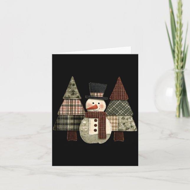 Snowman Trees Patchwork Plaid Trees Rustic Christm Kort (Framsida)