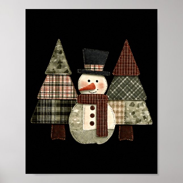Snowman Trees Patchwork Plaid Trees Rustic Christm Poster (Framsidan)