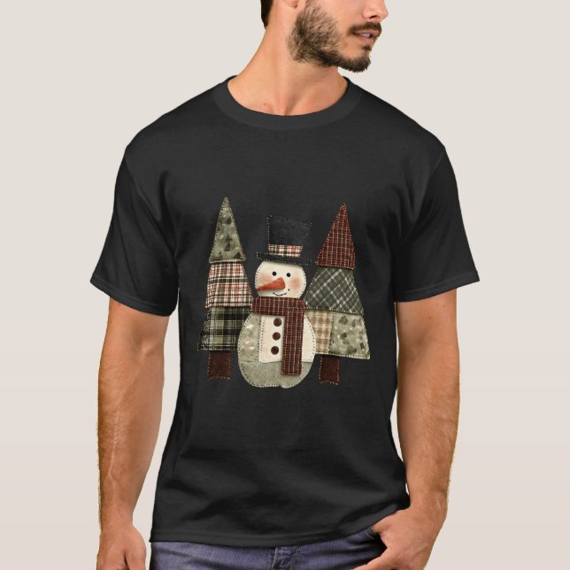 Snowman Trees Patchwork Plaid Trees Rustic Christm T Shirt (Framsida)