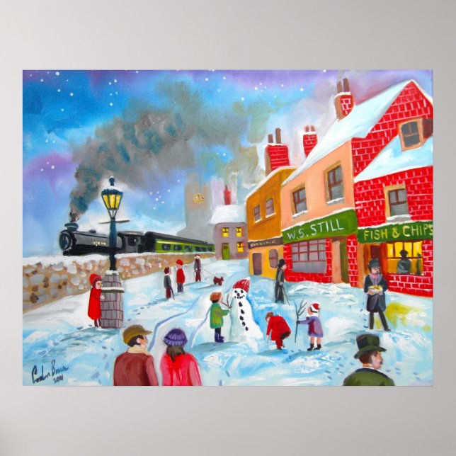 Snowman winter scene folk art painting train poster (Framsidan)
