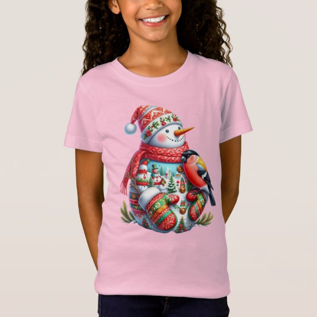 Snowman with Bird, Christmas, Author Natasha Us   T Shirt (Framsida)