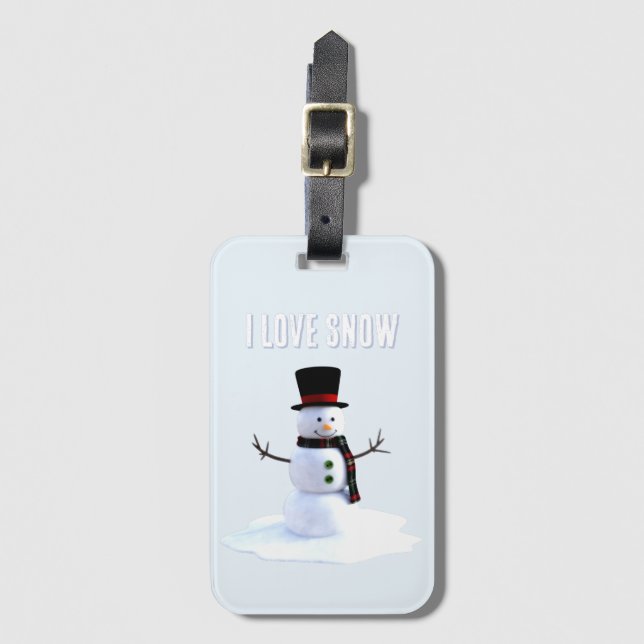 Snowman with hat and scarf. I Love Snow Bagagebricka (Framsida vertikal)