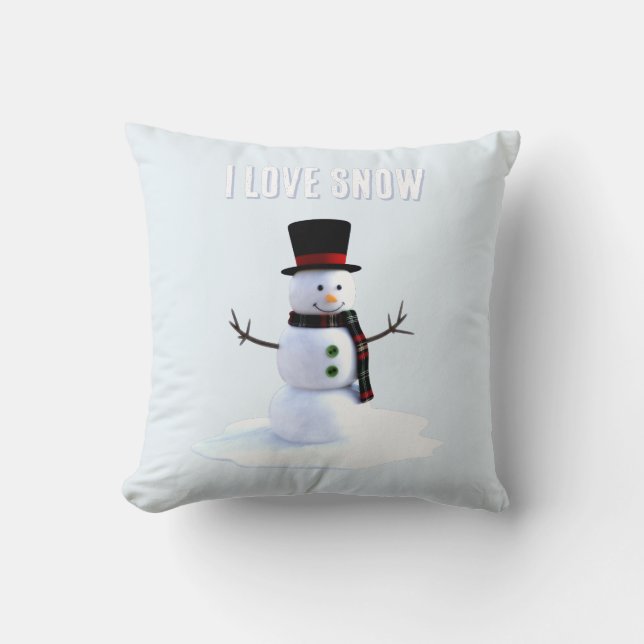 Snowman with hat and scarf. I Love Snow Kudde (Framsida)