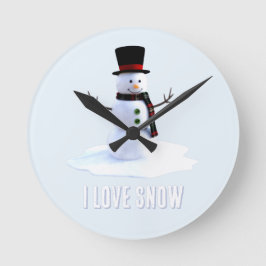 Snowman with hat and scarf. I Love Snow Rund Klocka