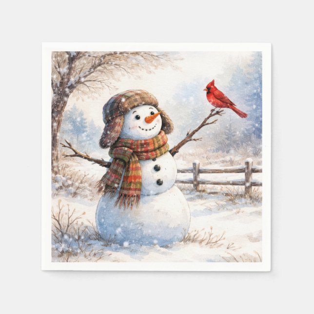 Snowman With Red Cardinal Bird Pappersservett (Framsidan)