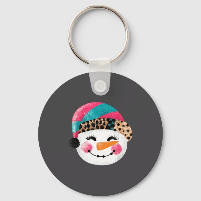 Snowman With Santa Hat And Leopard Pattern  Nyckelring (Framsida)