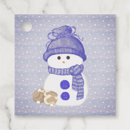 Snowman with Two Sleeping Bunnies with Snowflakes Gåvor Etiketter