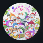 Snowmans Party-julklapp Anpassningsbar Text Namn Stor Klocka<br><div class="desc">Personlig Wall Closes with Lycklig Snowmans God jul Party Funny Teckning Tecknad Firande - Select / Add Your Unique Text / Font / Snögubbe - make your Färg Clock Gift - Ändra storlek och flytta eller ta bort och lägg till Speciell / image med anpassning inslag! - Teckning och MJÖLKS...</div>