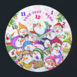 Snowmans Party-julklapp Anpassningsbar Text Namn Stor Klocka<br><div class="desc">Personlig Wall Closes with Lycklig Snowmans God jul Party Funny Teckning Tecknad Firande - Select / Add Your Unique Text / Font / Snögubbe - make your Färg Clock Gift - Ändra storlek och flytta eller ta bort och lägg till Speciell / image med anpassning inslag! - Teckning och MJÖLKS...</div>