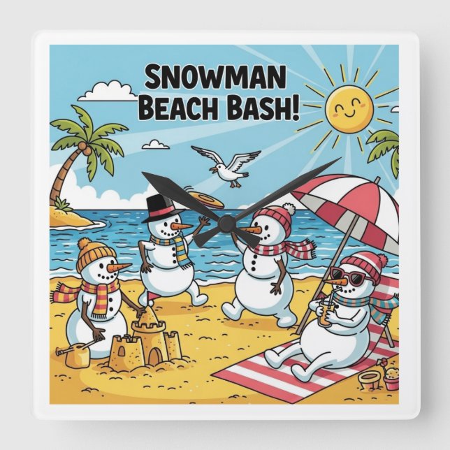 Snowmen Beach Bash Fyrkantig Klocka (Framsida)