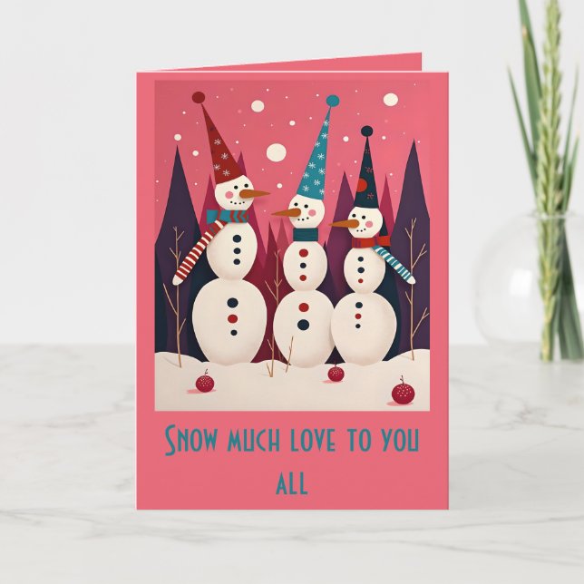 Snowmen Three Ice Men Pink Theme Kitschmas Kort (Framsida)