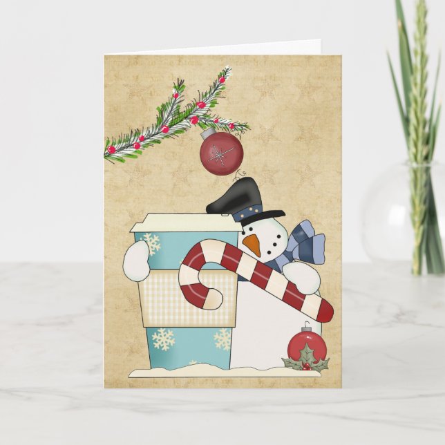 Snowmenj med kaffe helgkort (Framsida)