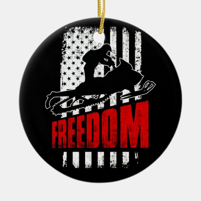 Snowmobile Snowmobiling Freedom Flagga USA Julgransprydnad Keramik (Framsidan)