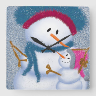 SnowMomma och SnowGirl Illustration Fyrkantig Klocka