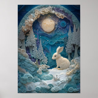 Snowshoe Hare | Winter Snowy Natt i Forest Poster