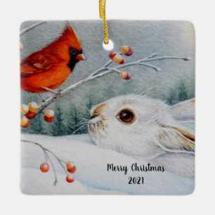 Snowshoe Rabbit & Cardinal Bird Watercolor Art Cer Julgransprydnad Keramik
