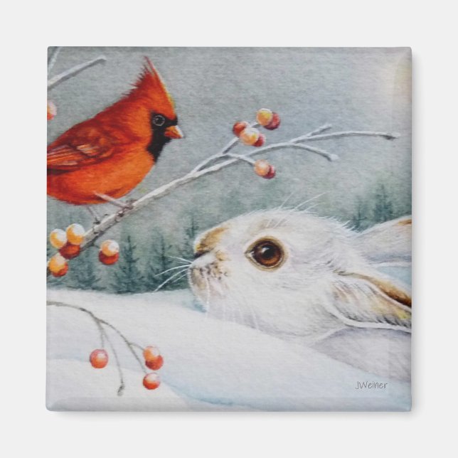 Snowshoe Rabbit & Cardinal Bird Watercolor Art Magnet (Framsidan)