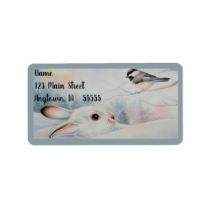 Snowshoe Rabbit & Chickadee Bird Watercolor Art Adressetikett
