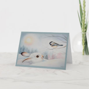Snowshoe Rabbit & Chickadee Bird Watercolor Art Kort