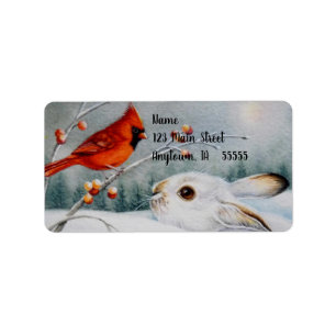 Snowshoe Rabbit & Red Cardinal Bird Watercolor Art Adressetikett