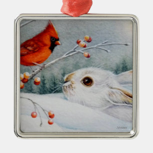 Snowshoe Rabbit & Red Cardinal Bird Watercolor Art Julgransprydnad Metall