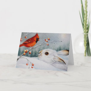 Snowshoe Rabbit & Red Cardinal Bird Watercolor Art Kort