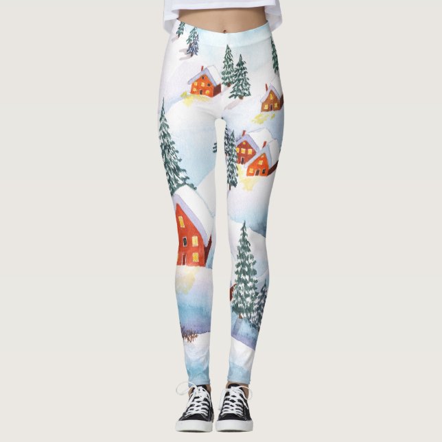 Snowy backe, hus: vattenfärgslandskap leggings (Framsida)
