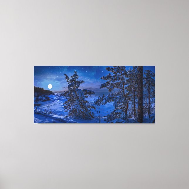 Snowy Baltic Sea kusten med fir träd på natten Canvastryck (Framsida)