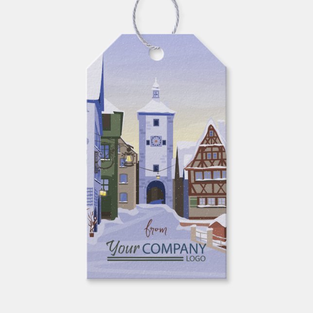Snowy Bavarian Village Company Helgdag Card Presentetikett (Framsidan)
