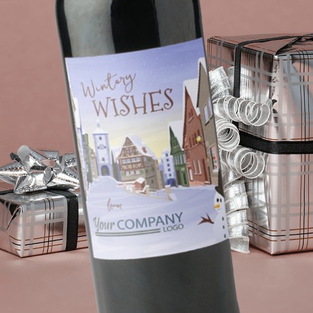 Snowy Bavarian Village Company Helgdag Card Vinflaska Etikett (company Christmas logo wine labels, corporate holiday stickers, German Bavarian old town shops)