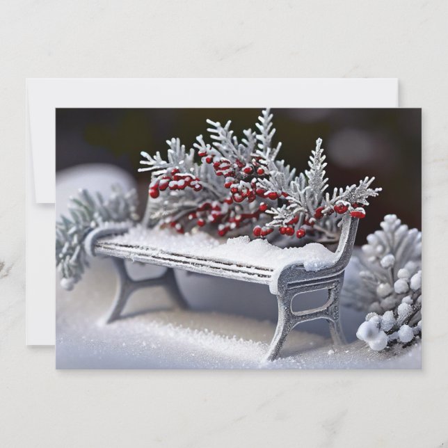 Snowy Bench med Winterberry Sprigs Julkort (Framsida)