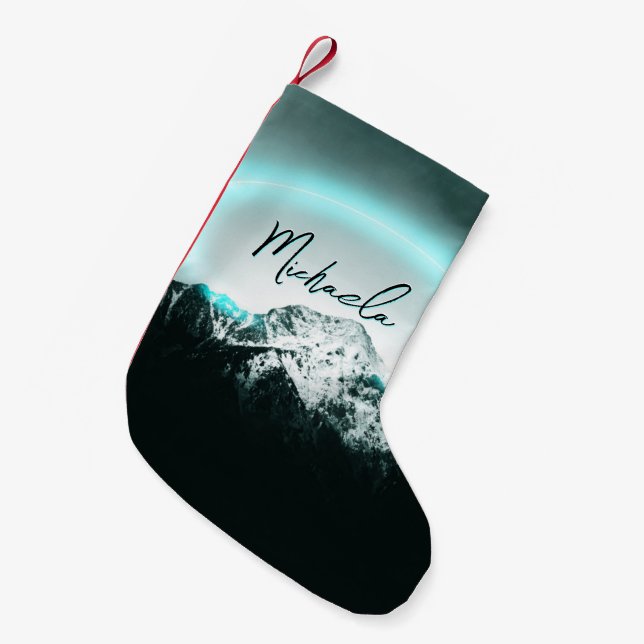 Snowy bergsmystisk blå neonljusmonogram liten julstrumpa (Framsidan (Hängande))