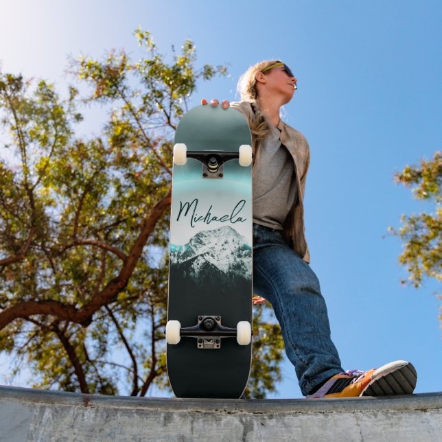 Snowy bergsmystisk blå neonljusmonogram mini skateboard bräda 18,5 cm (Utomhus 1)