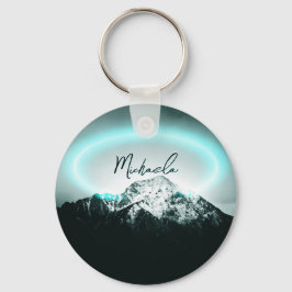 Snowy bergsmystisk blå neonljusmonogram nyckelring