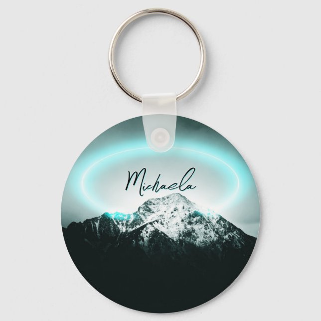 Snowy bergsmystisk blå neonljusmonogram nyckelring (Framsida)