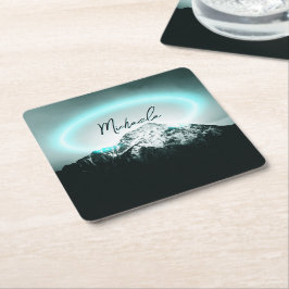 Snowy bergsmystisk blå neonljusmonogram underlägg papper kvadrat