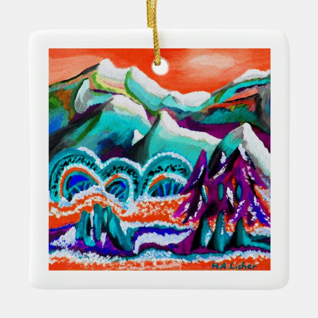 Snowy bergsscenen i konst julgransprydnad keramik (Framsida)