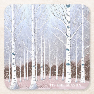 Snowy Birch Träd jul Dusty Blue ID1003 Underlägg Papper Kvadrat