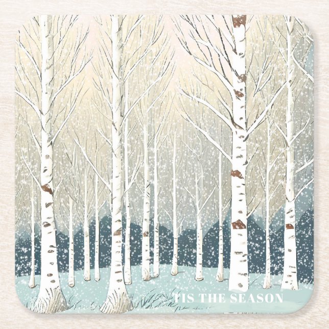 Snowy Birch Träd jul Teal ID1003 Underlägg Papper Kvadrat (Framsidan)
