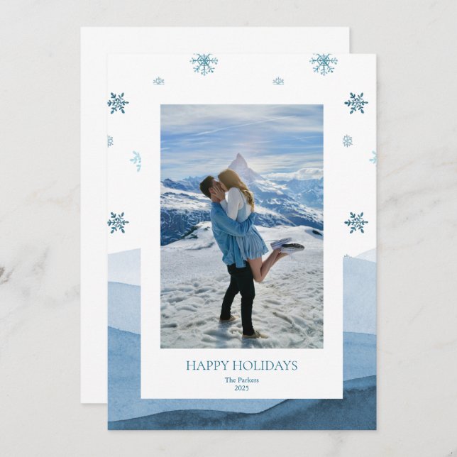 Snowy Blue Holiday Photo Card Inbjudningar (Fram/baksida)