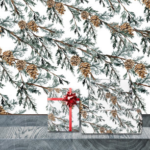 Snowy Blue Juniper Tree Branch & Pine Tree Cones Presentpapper