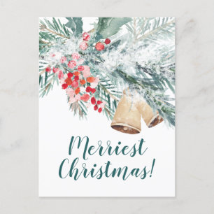 Snowy Blue Spruce Holly Berries & Kraft Klockor Vykort
