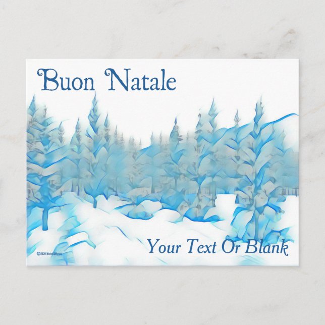 Snowy Blue Träd - Buon Natale Vykort (Framsida)